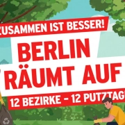 Großes Banner mit der Aufschrift Berlin räumt auf – Neukölln, Müll-Aktionstag am 16. April 2026, gemeinschaftliches Aufräumen in zwölf Bezirken im Rahmen von rbb 88.8