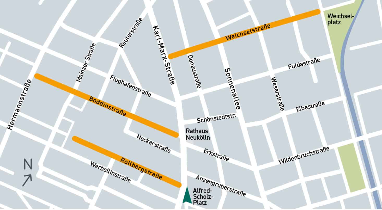 Boddinstraße, Rollbergstraße und Weichselstraße auf der Karte markiert
