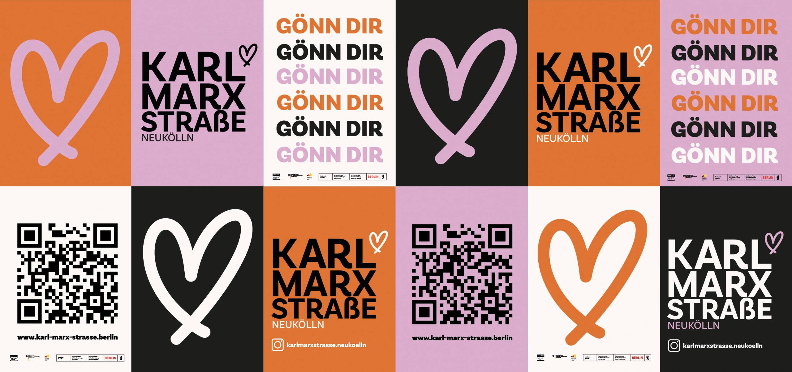 Bunte Plakat-Collage der Karl-Marx-Straße Neukölln mit Herz-Logos, QR-Codes und „Gönn dir“-Schrift.