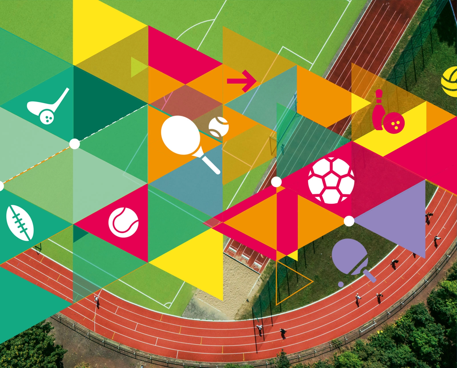 Sportplatz Maybachufer in Berlin Neukölln: Kunstrasen, Laufbahn und farbige Sport-Icons für neue inklusive Angebote mit Fußball, Tennis und Leichtathletik.