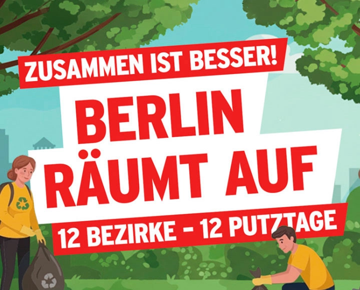 Großes Banner mit der Aufschrift Berlin räumt auf – Neukölln, Müll-Aktionstag am 16. April 2026, gemeinschaftliches Aufräumen in zwölf Bezirken im Rahmen von rbb 88.8