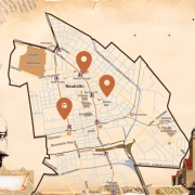 Grafische Karte von Neukölln mit drei Standortmarkern zur 1. Kita-Schatzsuche zum Thema „Wie funktioniert Stadtplanung?“ in Berlin-Neukölln.
