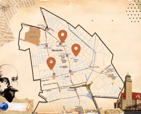 Grafische Karte von Neukölln mit drei Standortmarkern zur 1. Kita-Schatzsuche zum Thema „Wie funktioniert Stadtplanung?“ in Berlin-Neukölln.