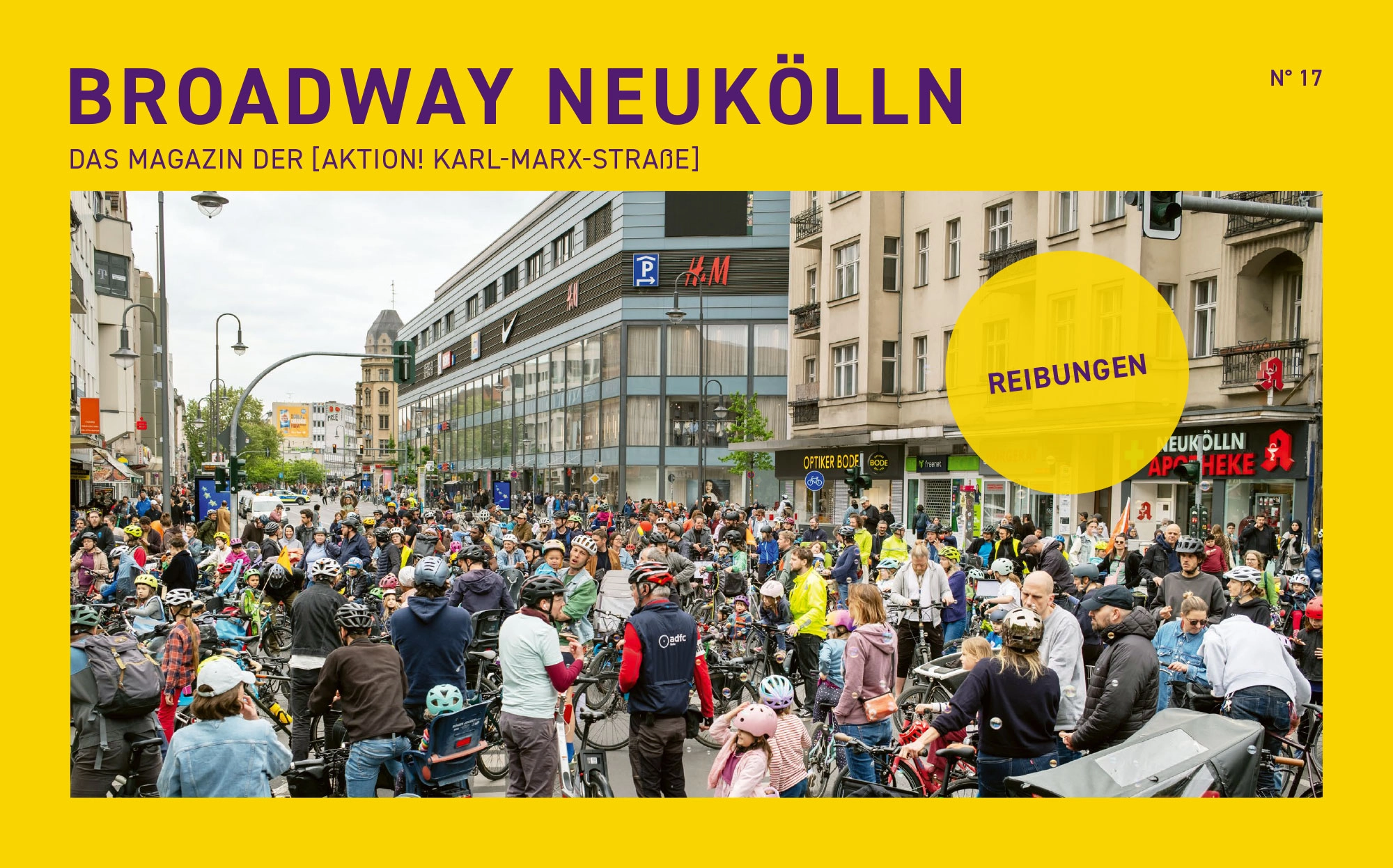 Broadway17_2026-Titel Gelbes Cover von Broadway Neukölln Nr. 17 mit Großstadtstraße voller Radfahrender, dem Schriftzug „REIBUNGEN“ und einer großen Menschenmenge.