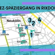 Stadtplan von Neukölln mit markierten Stationen 1 bis 4 für den Kiez-Spaziergang in Rixdorf am Rathaus Neukölln.
