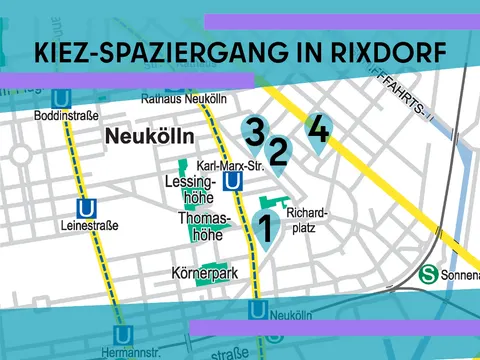 Stadtplan von Neukölln mit markierten Stationen 1 bis 4 für den Kiez-Spaziergang in Rixdorf am Rathaus Neukölln.
