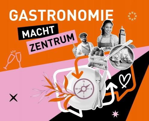 Illustration mit Gastronomin, Besteck, Kompass und Berliner Gebäuden zum Zentrumsdialog „Gewerbe macht Zentrum“ am 7. Oktober.