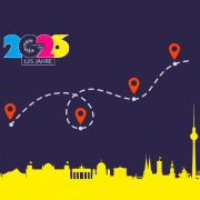 Grafik mit dem Logo „125 Jahre Chorverband Berlin“, einer Wegmarkierung und Berliner Skyline zur Ausstellungseröffnung.
